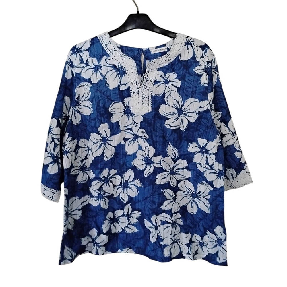 Rebecca Malone Blue White Floral Cotton Lace Trim V-Neck Tunic Top Large